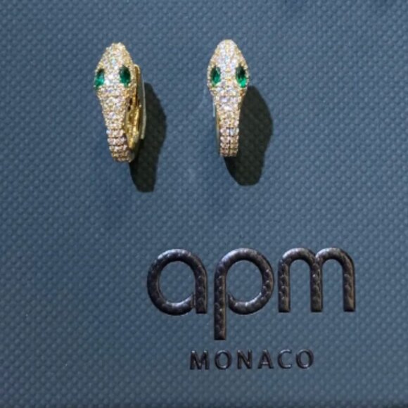 Elegant Gold Snake Hoop Earrings with Green Gem Eyes - Picture 2 of 4